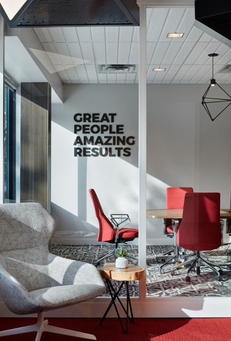 MG McGrath Offices – Maplewood Red Office Interior Design, Office Graphic Design, Conference Room Decor, Highback Sofa, Production Office, Red Moodboard, Creative Office Design, Meeting Room Design, Commercial Office Design