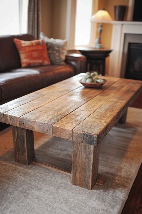 "Elevate your living room with a DIY Reclaimed Wood Coffee Table! 🛠️🌿 Perfect for creating a warm and inviting space. 🌟✨ #RusticFurniture #DIYHome #CoffeeTableInspo" Furniture Made Of Wood, Diy Wood Couch Table, Wood Box Coffee Table, Diy Wooden Coffee Table Rustic, Wooden Tables Design, Warm Wood Coffee Table, Coffee Table Homemade, Rustic Coffee Tables Diy, Making Furniture Look Rustic