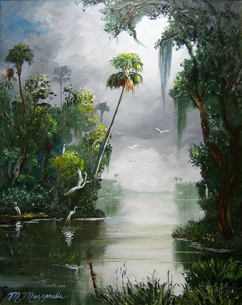 Tropical Landscape Painting, Swamp Art, Florida Art, Jungle Art, Beautiful Oil Paintings, River Art, Landscape Art Painting, Tropical Art, Colonial Style