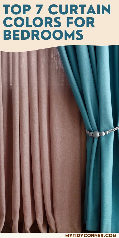 Beige and teal curtains and text overlay about the best curtain colors for bedrooms. Guest Bedroom Ideas Curtains, Teal Bedroom Curtain Ideas, Curtains For Small Bedroom Windows, Guest Room Curtain Ideas, Pretty Curtains Bedroom, Curtain Styles Bedroom, Teal Bedroom Curtains, Colors For A Bedroom, Curtain Color Ideas