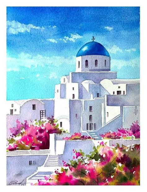 Greece Landscape, Santorini Grecia, Greece Painting, Landscape Pencil Drawings, Northern Lights Painting, Easy Landscape Paintings, Learn Watercolor Painting, Watercolor Architecture, Acrylic Painting Lessons