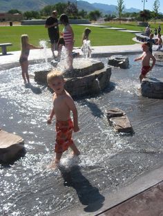 Highland Splash Pad Backyard Playground Ideas, Backyard Splash Pad, Playground Landscaping, Public Playground, Natural Landscaping, Playground Ideas, Utah Adventures, Splash Pool, Natural Playground