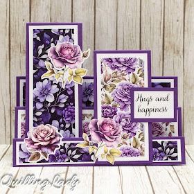 Quilling Lady: DIMENSIONAL STEPPER CARD Using New Collection PURPLE WORLD Collection #fancyfold Purple World, Box Cards Tutorial, Painted Lavender, Stepper Cards, Step Card, Fancy Fold Card Tutorials, Card Making Templates, Dainty Flowers, Purple Cards