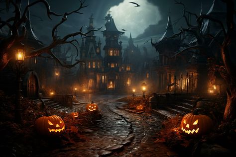 Halloween background with pumpkins and haunted house - 3D render. Halloween background Halloween Wallpaper Dark, Halloween Desktop Wallpaper Aesthetic, Render Background, Halloween Desktop Wallpaper, Spooky Music, Witcher Wallpaper, Halloween Graveyard, Dark Elegance, Haunted Castle