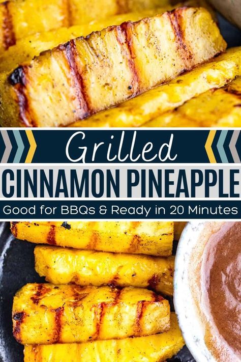 This Cinnamon Grilled Pineapple recipe is perfect for summer BBQs. The pineapple is sweet, perfectly charred and paired great with a cinnamon butter sauce. Ready in about 15 minutes and only five ingredients needed! You can use fresh or canned pineapple for this recipe.