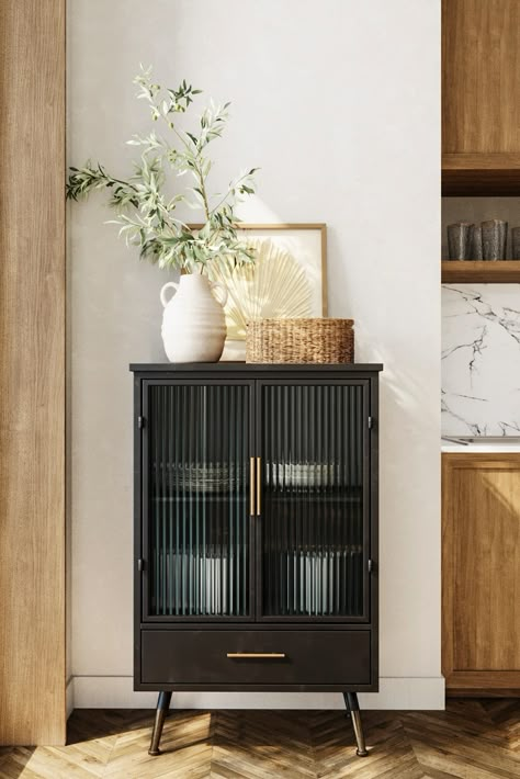 This stylish display case is not only practical, it's a small wonder for storage space in your kitchen, bathroom, study or living room. ⁠ ⁠ Its brass-coloured handles and feet add a refined touch to the overall industrial design. ⁠ Corner Cabinet Ideas Living Room, Small Bar Cabinet, Dark Green Living Room, Small Storage Cabinet, Living Room Corner, Diy Furniture Renovation, Mobile Bar, Living Room Decor Cozy, Living Room Cabinets