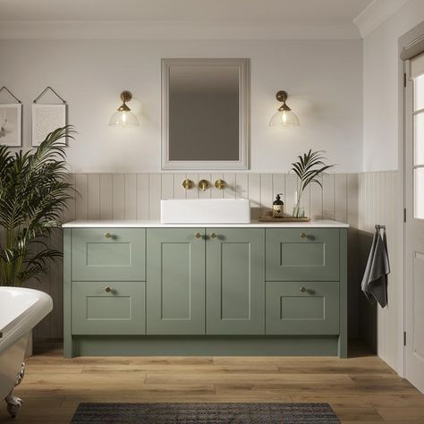 Green Cupboards Bathroom, Light Green Cabinets Bathroom, Safe Green Bathroom, Sage Green Panelled Bathroom, Green And Timber Bathroom, Green Bathroom Units, Green Bathroom Vanity Unit, Green Basin Bathroom, Howdens Chelford