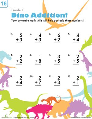 First Grade Addition Worksheets: Dinosaur Addition Dinosaur Addition, Dinosaur Week, First Grade Addition, Dinosaur Worksheets, Kindergarten February, Daycare Curriculum, Addition Worksheet, Touch Math, Mesozoic Era