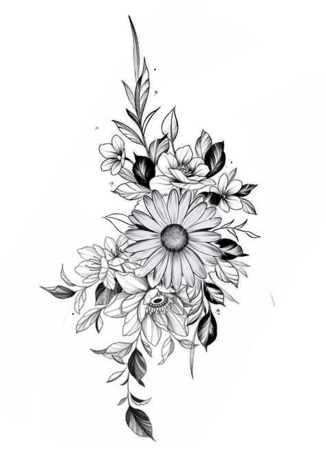 Daisy Shoulder Cap Tattoo, Daisy Bundle Tattoo, Daisy Leg Tattoos For Women, Daisy Tattoo Thigh, Big Daisy Tattoo, Tattoo Coverups For Women, Lower Back Tattoo Cover Up Ideas, Angelina Tattoo, Lower Back Flower Tattoo