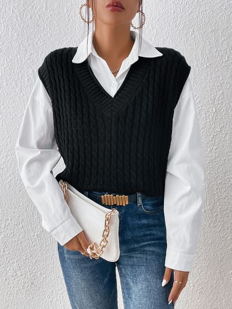 1pc Cable Knit Sweater Vest | SHEIN USA Black Cropped Sweater Vest Outfit, Dress Shirt And Sweater Vest, Sweater Vest Business Outfit, Cropped Sweater Vest Outfit, Black Sweater Vest Outfit, Vest Outfits For Women Winter, Preppy Casual Outfits, Corporate Clothes, Sweater Vest Outfits