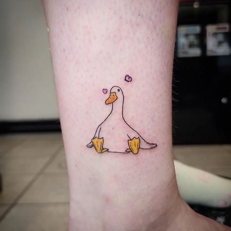 Matching Duck Tattoos For Best Friends, Girly Patchwork Tattoo Sleeve, Cute Duck Tattoo Ideas, Duck Duck Goose Tattoo, Duck With Sunglasses Tattoo, Tiny Goose Tattoo, Matching Goose Tattoos, Subtle Pet Tattoos, Cartoon Duck Tattoo