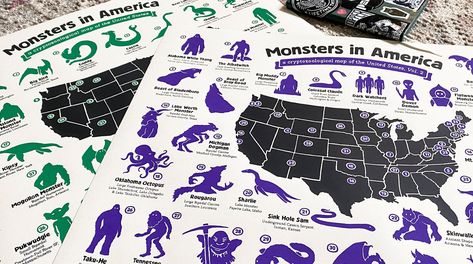 Monsters in America Cryptid Map Giveaway https://www.cultofweird.com/cryptozoology/cryptid-map-giveaway/ Loveland Frogman, Flatwoods Monster, The Jersey Devil, America Map, Jersey Devil, Ghost Hunting, Back Road, Hunting Season, Home Pictures