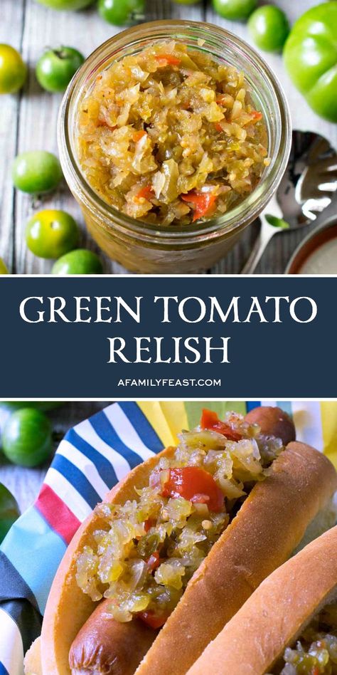 This sweet and sour Green Tomato Relish is the perfect way to use up end-of-season, green garden tomatoes. #tomatoes #greentomatoes #relish #homemade Sweet Green Tomato Relish, What Can You Make With Green Tomatoes, Green Tomato Relish Small Batch, Green Tomato Dill Relish, Green Tomato Recipes Baked, Sweet Green Tomato Relish Recipe, Green Tomato Casserole, Dill Beans, Hot Dog Relish Recipe