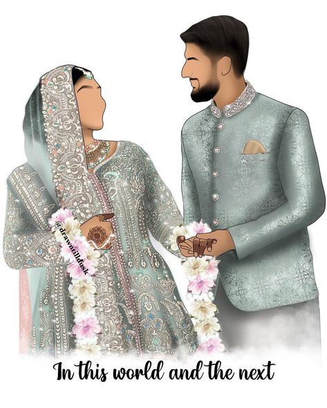 Tahmina A on Instagram: “Thank you to those who have entered my giveaway so far ☺️ Here’s an illustration I did a while ago, the original drawing had different…” Wedding Illustrations Indian, Bridal Lengha Illustration Sketch, Pakistani Couple Illustration Wedding, Sangeet Couple Illustration, Animated Indian Wedding Couple, Engagement Card Design, Simple Wedding Invitation Card, Bride And Groom Cartoon, Couple Illustration Wedding