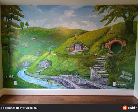 Hobbit Room Ideas, Shire Nursery, Hobbit Baby Room, Hobbit Mural, Middle Earth Nursery, Lord Of The Rings Mural, Shire Nursery Lord Of The Rings, Lord Of The Rings Wall Mural, Lord Of The Rings Nursery Mural