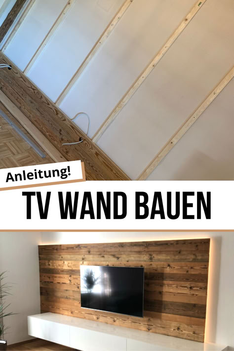 Eine TV Wand einfach selber bauen! Mit dieser DIY TV Wand Anleitung kannst du Schritt für Schritt eine TV Wand aus Altholz oder Holz Brettern selbst bauen! Die kostenlose Anleitung findest du auf timbertime.de Diy Wand, Tv Wand, Diy Tv, Tv Wall, Home Sweet Home, Sweet Home, Home And Living, House Styles, Tv