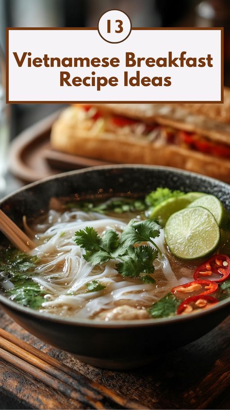 A bowl of steaming pho with fresh herbs and lime slices, accompanied by a crispy bánh mì sandwich, showcasing traditional Vietnamese breakfast dishes on a wooden table. Vietnamese Vegetable Recipes, Vietnamese Breakfast Recipes, Asian Breakfast Ideas, Healthy Vietnamese Recipes, Vietnamese Breakfast, Breakfast Recipe Ideas, Asian Breakfast, Morning Meals, Breakfast Soup