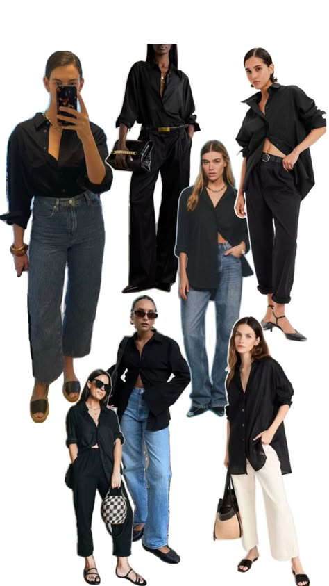 How to wear an oversized black button up Oversize Black Button Up Shirt Outfit, Outfit With Black Button Up Shirt, Oversized Work Shirt Outfit, How To Wear A Black Button Up Shirt, Long Sleeve Black Button Up Shirt Outfit, Black Oversize Shirt Outfit, Black Boyfriend Shirt Outfit, How To Style Black Button Up, Styling Button Down