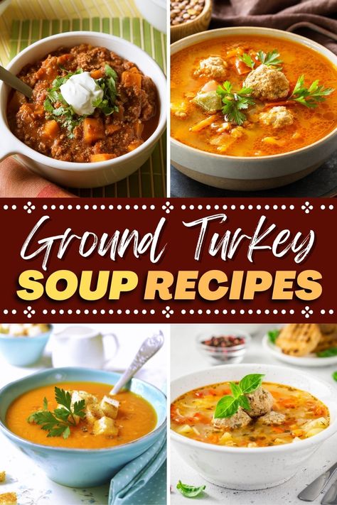 Get your bowls ready because these ground turkey soup recipes will change your life. Okay, maybe that’s an exaggeration, but they are super delicious! Ground Turkey Soup Recipes, Turkey Soup Recipes, Turkey Taco Soup, Turkey Meatball Soup, Turkey Vegetable Soup, Soup With Vegetables, Ground Turkey Chili, Ground Turkey Soup, Turkey Lasagna