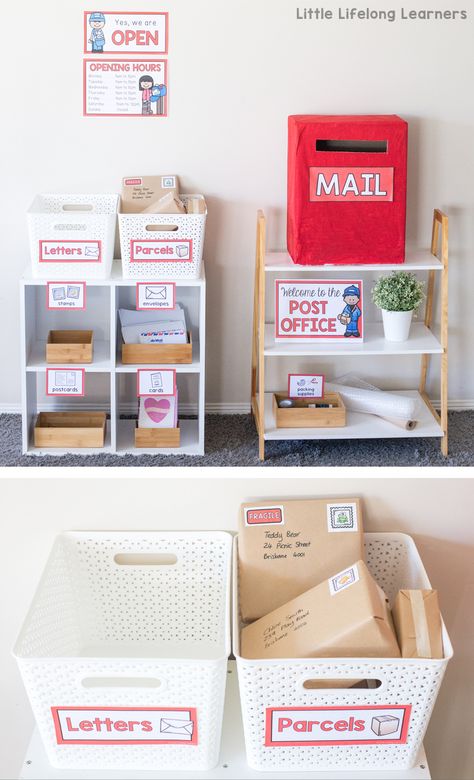 Post Office Dramatic Play Area - Little Lifelong Learners Imaginative Play Ideas, Toddler Play Ideas, Post Office Dramatic Play, Office Dramatic Play, Dramatic Play Themes, Role Play Areas, Dramatic Play Preschool, Dramatic Play Area, Write A Letter