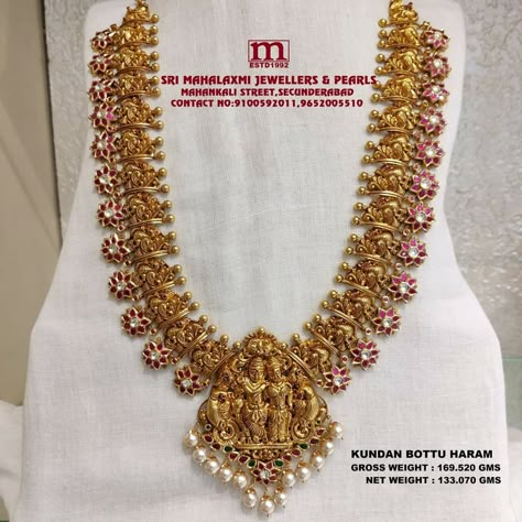 Presenting Here New Collection Added Antique Nakshi Work Radha Krishna Kundan Bottu Long Haram In The Stock Studded with Kundan And pearls. VISIT OUR SHOWROOM FOR FULL RANGE OF WEDDING COLLECTION AT WHOLESALE PRICES Please call WHATSAPP VIDEO CALL NO. 9100592011, 9652005510 www.srimahalaxmijewellers.in #SriMahalaxmiJewellers #MahalaxmiJewellers #longharam #bottulongharam #radhakrishnabottulongharam #kundan #kundanlongharam #kundanharam #radhakrishnalongharam #tradional #tradionalwear Long Haram In 100 Grams, Nakshi Bottu Mala Designs, Bottu Haram Designs, Kundan Bottu Mala, Gold Long Haram Designs In 40 Grams, Nakshi Long Haram, Bottu Mala Designs, Gold Plated Jewelry Indian, Bottu Mala