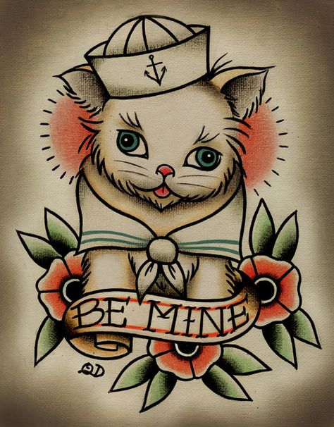 cute ! Kitty Tattoos, 10 Tattoo, Sailor Jerry Tattoos, Kunst Tattoos, Cat Tattoos, Cat Tattoo Designs, Traditional Tattoo Design, Pin Up Tattoos, Image Chat