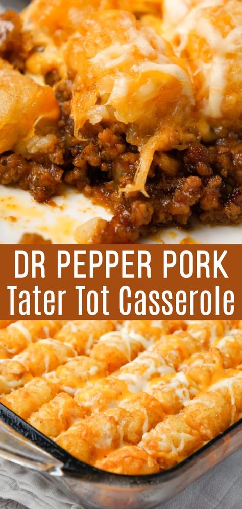 Pork Tater Tot Casserole, Easy Dinner Recipes Beef, Ground Pork Recipes Easy, Dr Pepper Pork, Dinner Recipes Beef, Pepper Pork, Pork Casserole, Ground Pork Recipes, Tater Tot Casserole Recipes