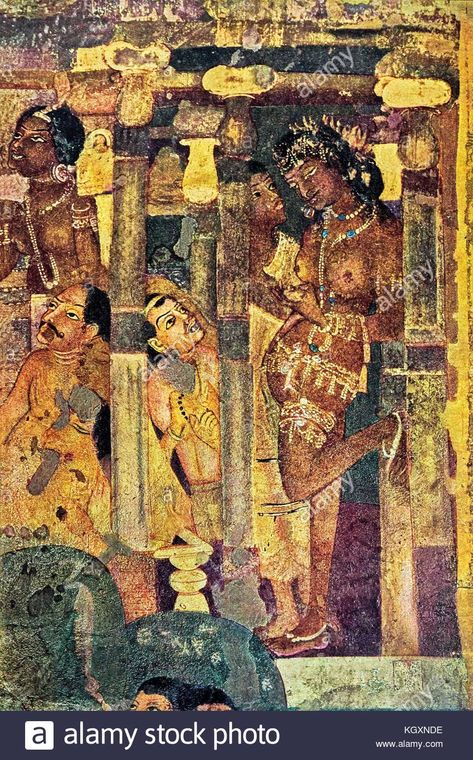 Download this stock image: paintings ajanta caves, Aurangabad, Maharashtra, India, Asia - KGXNDE from Alamy's library of millions of high resolution stock photos, illustrations and vectors. Ajanta Ellora Caves Paintings, Ajanta Caves Paintings Murals, Ajantha Painting, Ajanta Caves Paintings, Ajanta Paintings, Stone Carving Sculpture, Ajanta Ellora, Ajanta Caves, Ancient Drawings