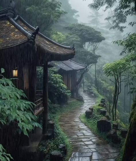 Chinese Architecture Traditional, Nature Animation, Japanese Village, Ancient Chinese Architecture, Traditional Japanese House, East Of Eden, Asian Architecture, House In Nature, Spring Rain