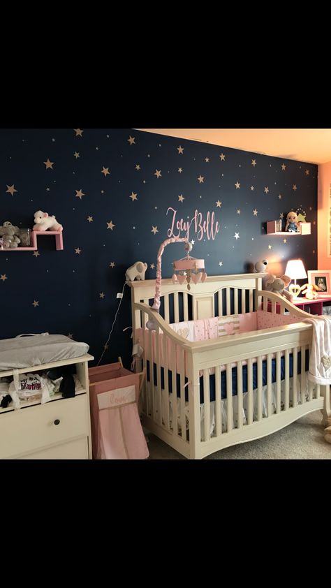 Navy Blue And Blush Nursery, Pink Moon And Stars Nursery, Pink Space Nursery, Navy And Pink Nursery, Navy Girl Nursery, Pink And Navy Nursery, Small Baby Nursery, Blue Nursery Girl, Glitter Nursery