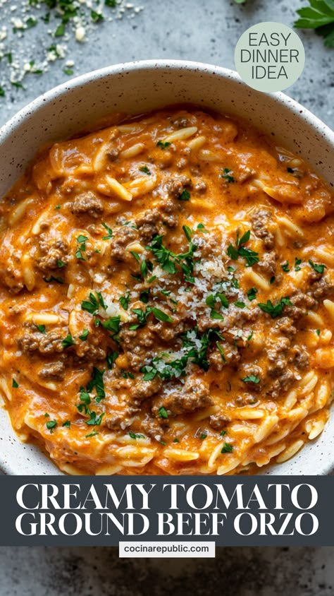 Try this beef orzo recipe with a tomato cream sauce (and fresh basil) for your next one-pot dinner. Quick and easy to make, it’s a great choice for those searching for healthy dinner ideas. This dish is simple and satisfying for any night of the week! Tomato Paste Dinner Recipes, One Pan Dinners Skillet, During The Week Dinner Ideas, Recipes With Beef Broth And Tomato Paste, Delicious Italian Recipes, Lazy Healthy Meals Easy Dinners, Orzo Marinara Recipes, Big One Pot Meals, Dinner With Beef Broth