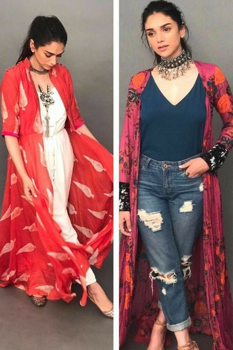 Long Shrug Styling Ideas, Shrugs Outfit Casual Jeans, Shrug For Navratri, Shrug On Jeans, How To Style Shrug With Jeans, Boho Shrug Outfit, Shrugs For Indian Dresses Jeans, Indian Concert Outfit, Holi Outfits Women Western