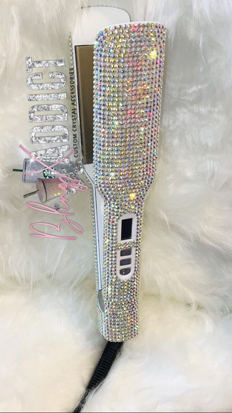 "Our crystal bling ceramic titanium flat irons are dazzled with over 500 glass Australian crystals! Flat irons heat up to 480 degrees Fahrenheit and include a LED screen with automatic shut off after 60s of non use. You can choose from 1\" or 2\" plates. Each flatiron is custom made with each rhinestone being hand placed one by one. We ask that you please allow 1-2 weeks to ship your order out." Bling Hair Straightener, Bedazzled Things, Diy Rhinestone Crafts, Hair Irons, Titanium Flat Iron, Bling Ideas, Rhinestone Projects, Rhinestone Crafts, Flat Irons