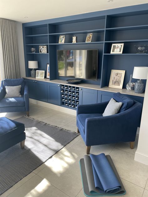 Dark Blue Media Wall, Blue Media Wall, Blue Tv Wall, Blue Tv Unit, Room Panelling, Built In Tv Unit, Oak Worktop, Navy Living, Living Room Panelling