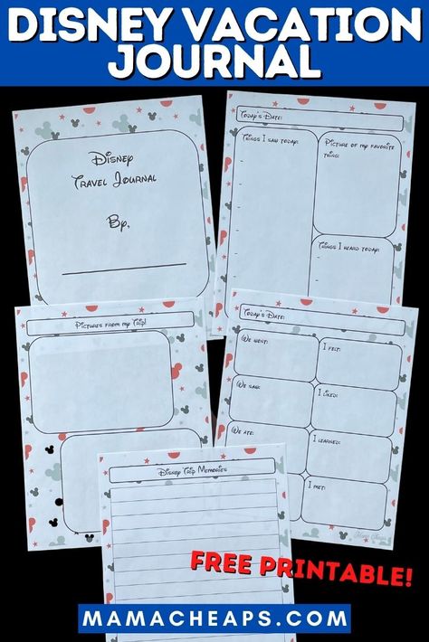 Heading to Disney anytime soon? This free printable Disney themed vacation journal is the perfect way for your kids to record their trip highlights! This free printable is PERFECT for your next family trip to Disney! It is a multi-page file that contains several different journal pages related to a Disney vacation. You can print out as many pages as you need and I suggest putting them together into a binder or folder. #travel #disney #printable #mamacheaps Disney Planning Printables Free, Disney Journal Ideas, Disney Journal Pages, Disney Activity Pages, Disneyland Journal Ideas, Disney World Activity Printables, Disney World Journal, Disney Day Planner Free Printable, Disney Travel Planner