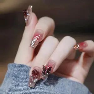 24Pcs Medium Press on Nail Glitter Fake Nails 3D Butterfly False Nails Red Acrylic Nails 3D Flower Artificial Nails Coffin Glue on Nails Rhinestones false nails & accessories Pink Coffin, Fake Nails Long, Butterfly Nails, Nails Press, Nagel Tips, Nail Type, Manicure Diy, Coffin Press On Nails, Party Nails