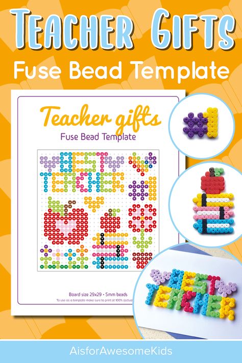 A printable PDF template with teacher gift idea designs to make out of fuse beads (Hama/Perler/Nabbi/Pyssla beads). Sized perfectly to fit under a square peg board so that the design can be made by working on top of the template. This is a perfect set for a Christmas present for your teacher, a leaving gift for the end of term or end of year at summer break, or just to say thank you. Designs include: Text saying Best Teacher, a #1 sign, an apple, a pile of school books, flowers and hearts. Teacher Perler Bead Patterns, Hama Beads Teacher Gifts, Perler Bead Happy Birthday, Summer Pearl Beads As Gift, Perler Bead Name Tag, Perler Pattern, Books Flowers, Flowers And Hearts, Leaving Presents