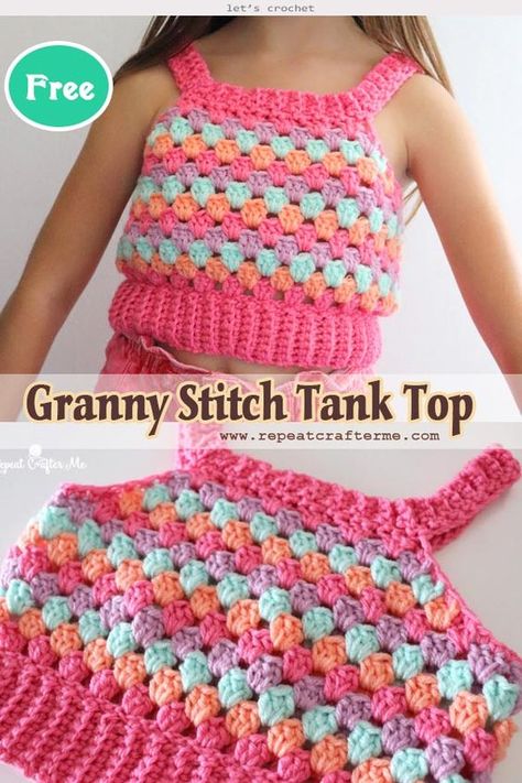 Crochet Granny Stitch Tank Top Free Pattern Crochet Toddler Tank Top Free Pattern, Crochet Toddler Shirt, Free Crochet Kids Patterns, Toddler Girl Crochet Patterns, Cute Fast Crochet Projects, Kids Crochet Top, Girls Crochet Tops Free Patterns, Granny Square Tank Top Free Pattern, Crochet Tank Top Free Pattern Easy