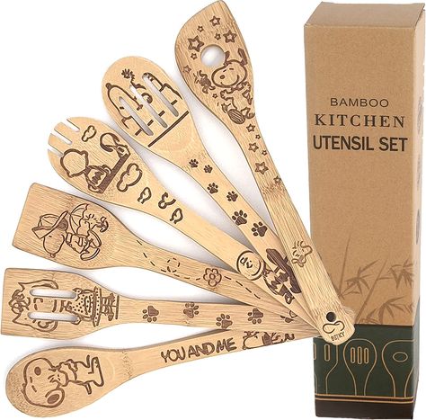 Bejky 6-Pcs Wooden Bamboo Spoons Set - Organic Food Cooking Utensils - Kitchen Accessories and Home Decor - Cookware Gifts for Women - Nonstick Easy Wash Spatulas - 3D Engraved Patterns (Cartoon Dog) Bamboo Kitchen Utensils, Bottles Design, Wooden Utensils Set, Cookware Gifts, Coffee Table Pictures, Multipurpose Kitchen, Bamboo Kitchen, Snoopy Dog, Bamboo Utensils