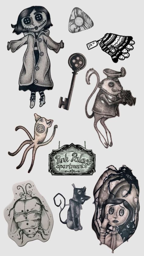 coraline tattoo sheet #coraline #tattoo #tattoos #tattooinspo #coralinemovie Tattoo Perna, Coraline Tattoo, Tim Burton Tattoo, Tattoo Sleeve Filler, Adventure Time Tattoo, Laika Studios, Coraline Art, Tattoo Sheet, Light Tattoo