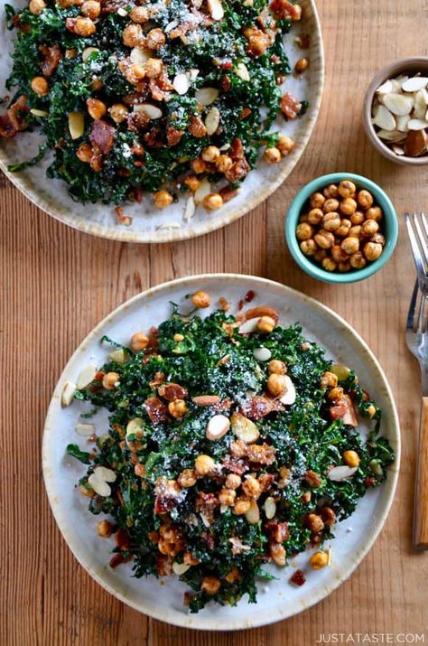 Chickpeas Air Fryer, Warm Bacon Vinaigrette, Warm Kale Salad, Vegan Dinner Rolls, Bacon Kale, Bacon Vinaigrette, Vinaigrette Dressing Recipe, Kale Salad Recipes, Just A Taste