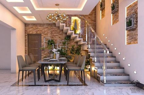 Home decor dining table ideas - living room furniture ideas - aesthetic furniture ideas Wall Attached Dining Table, Room With Stairs, تحت الدرج, Staircase Interior Design, Stair Ideas, Staircase Design Modern, Stairs Design Interior, Indian House, Stairs In Living Room