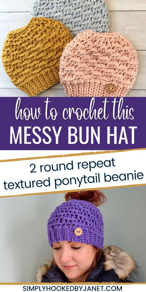 3 flat crochet messy bun hats and 1 modeled Craft Show Crochet, Crochet Messy Bun Hat Pattern Free, Messy Bun Beanie Crochet Pattern, Crochet Ponytail Beanie, Messy Bun Hat Crochet Pattern, Bun Hat Crochet Pattern, Messy Bun Hat Pattern, Crochet Pony, Ponytail Hat Crochet