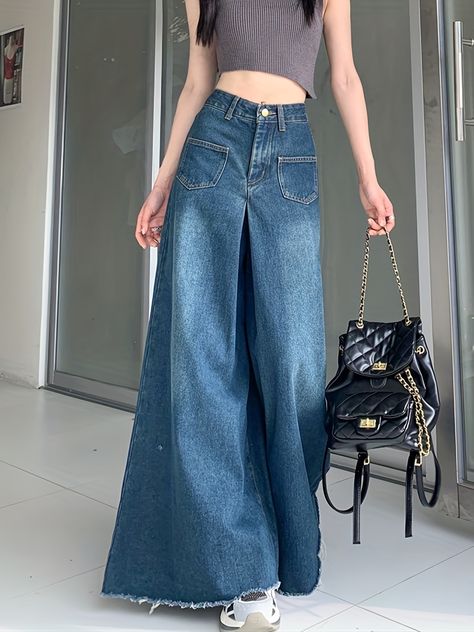 Women's High Waist Flare Jeans with Raw Hem - Blue Bell Bottom Denim Pants for Loose Fit and Fashionable Style https://share.temu.com/seusa3tgb5A via @shoptemu Blue Flare Jeans, Women's Denim Jeans, Jeans High Waist, Bottom Jeans, Fancy Dress Design, Flare Leg Pants, Women Denim Jeans, Bell Bottom, Wide Legs