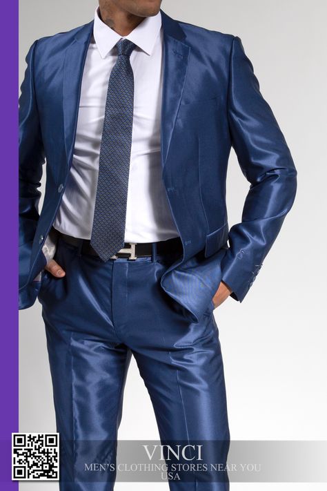 Blue Slim Fit Suit for Men, Vinci Style S2RK-5 Limited Blue Slim Fit Suit, Satin Suit, Suit For Men, Mahesh Babu, Shiny Pants, Men Formal, Slim Fit Suit, Men's Suits, Blue Suit