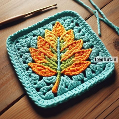 Leaf Crochet Coaster Ideas Crochet Leaf Granny Square Free Pattern, Maple Leaf Granny Square, Leaf Pillow Crochet, Granny Square Leaf, Leaf Granny Square Crochet, Free Vintage Crochet Patterns, Leaf Crochet Blanket, Crochet Leaf Blanket, Leaf Granny Square