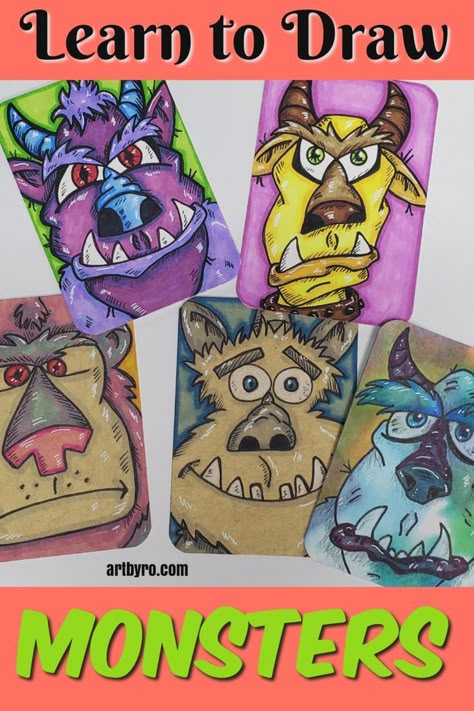 Draw A Monster, Halloween Art Lessons, Drawings For Beginners, Trading Card Ideas, Halloween Art Projects, October Art, Artist Trading Card, Middle School Art Projects, Easy Drawings For Beginners