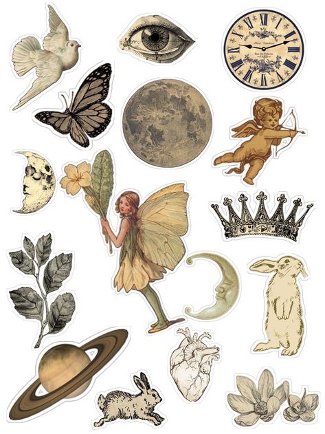 Add a touch of whimsy and nostalgia to your belongings with this collection of vintage-style stickers. Featuring celestial elements; floral designs; fairies; rabbits; and timeless symbols; these stickers are perfect for decorating journals; laptops; or scrapbooks. #VintageStickers #AestheticStickers #CelestialDesigns #FloralStickers #FairyStickers #WhimsicalArt #RetroVibes #StickerCollection #JournalDecor 😻 Vintage Aesthetic Sticker Collection - Aesthetic stickers; Sticker collection; Sticker design 
#CuteStickers 
#KawaiiVibes 
#StickerAddict 
#StickerLove 
#DIYStickers Aesthetic Stickers Printable Vintage, Free Stickers Printables Aesthetic, Sticker Sheets Free Printable Aesthetic, Old Design For Scrapbook, Celestial Scrapbook, Laptop Decoration Aesthetic, Journal Stickers Aesthetic Vintage, Vintage Stickers Printables, Scrapbook Stickers Printable Vintage