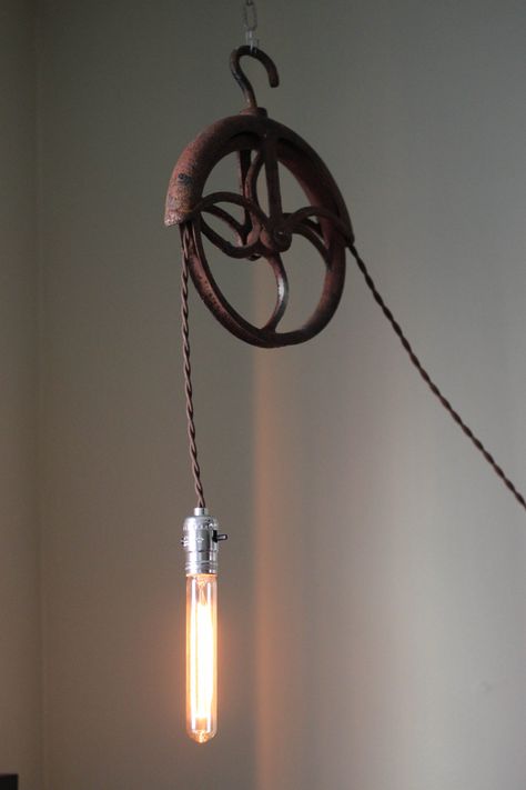 Pulley lamp Antique Pulley, Pulley Lamps, Steampunk Furniture, Steampunk House, Tie Blankets, Minimalist Lighting, Sustainable Furniture, Industrial Lamp, Brown Fabric