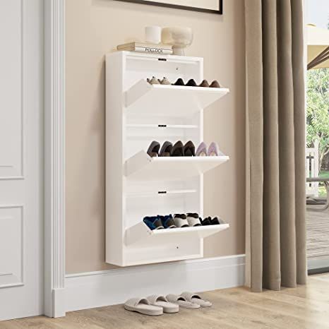 Amazon.com: YITAHOME Metal Shoe Cabinet with 3 Flip Drawers, Wall Mounted & No-Assembly Steel Shoe Storage Cabinet, Steel Cabinet with Magnetic Gooseneck Drawer for Entryway, Hallway, White (MAYIM0010358MA) : Home & Kitchen Shoe Shelf Ideas, Shoe Storag, Drawer Shoe Storage, Narrow Shoe Cabinet, Cabinet Insert, Shoe Storage Cupboard, Wall Mounted Shoe Storage, Shoe Cabinet Entryway, Decorating Painting